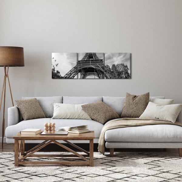 Kép - Eiffel-torony, fekete-fehér (órával) (90x30 cm)
