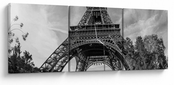 Kép - Eiffel-torony, fekete-fehér (órával) (90x30 cm)