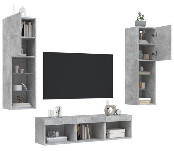 5 darab betonszürke szerelt fa fali TV-bútor LED-del