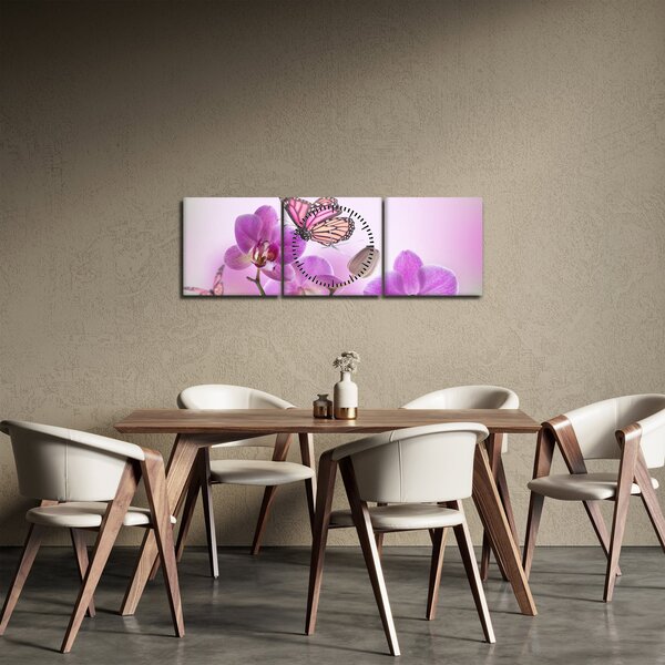 Kép - Pillangó orchidea virágon, lila (órával) (90x30 cm)