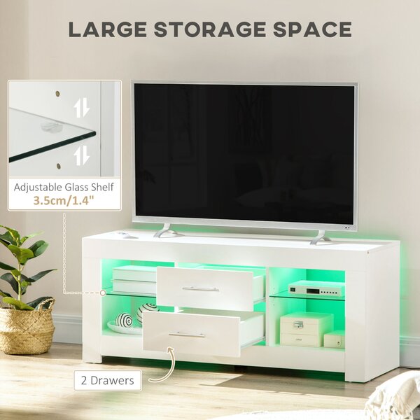 RGB LED TV komód – 55”, Üvegpolcok és távirányító, 12 szín