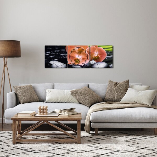 Kép - Narancssárga orchidea pálmalevelekkel (órával) (90x30 cm)