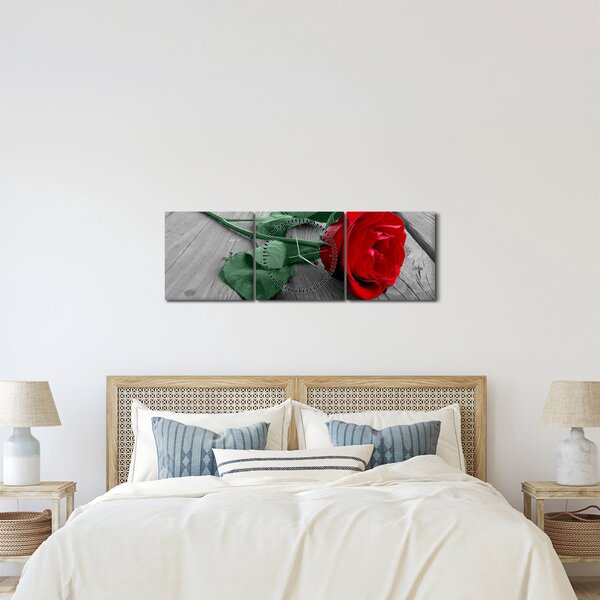Kép - Piros rózsa zöld szárral (órával) (90x30 cm)
