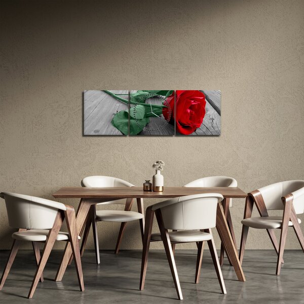Kép - Piros rózsa zöld szárral (órával) (90x30 cm)