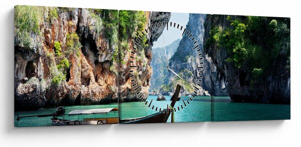 Kép - Víz mediterrán táj csónakkal (órával) (90x30 cm)