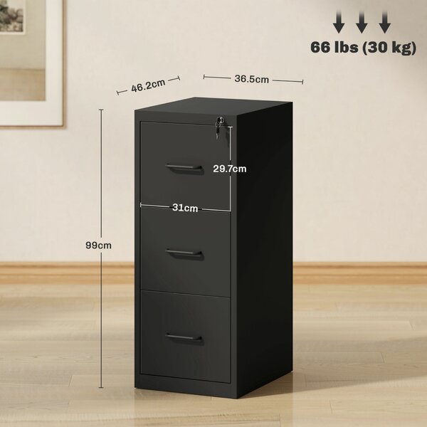 HOMCOM Minimalista 3 Fiókos Iratszekrény Állítható Sínekkel, Acélból, 36,5x46,2x99 cm, Fekete
