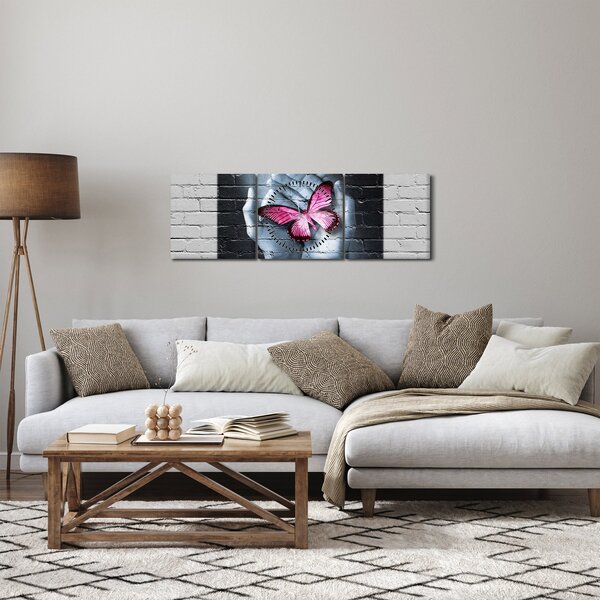 Kép - Rózsaszín pillangó a falon (órával) (90x30 cm)