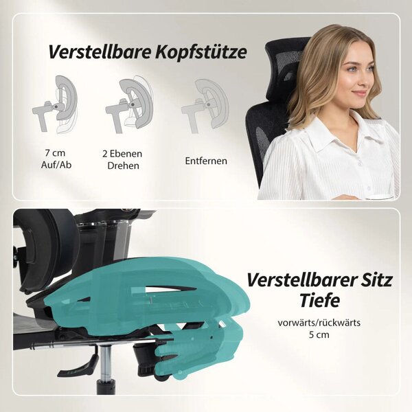HOMCOM Prémium ergonomikus irodai szék, állítható derék- és fejtámlával, 6D karfákkal, lábtartóval, hálós, fekete