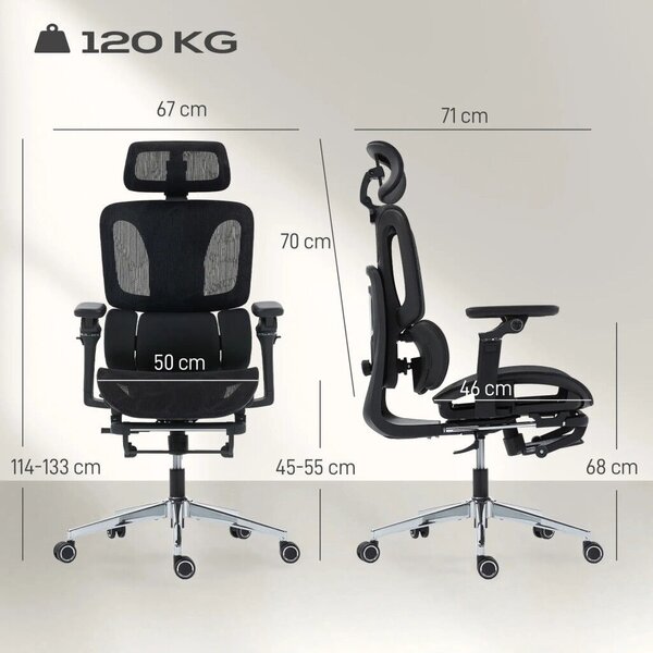 HOMCOM Prémium ergonomikus irodai szék, állítható derék- és fejtámlával, 6D karfákkal, lábtartóval, hálós, fekete