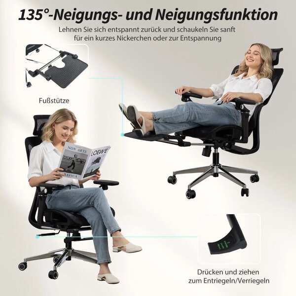 HOMCOM Prémium ergonomikus irodai szék, állítható derék- és fejtámlával, 6D karfákkal, lábtartóval, hálós, fekete