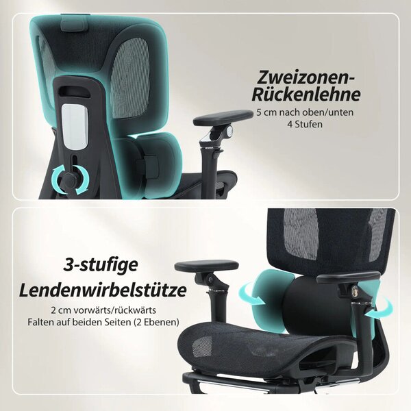 HOMCOM Prémium ergonomikus irodai szék, állítható derék- és fejtámlával, 6D karfákkal, lábtartóval, hálós, fekete