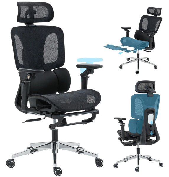 HOMCOM Prémium ergonomikus irodai szék, állítható derék- és fejtámlával, 6D karfákkal, lábtartóval, hálós, fekete