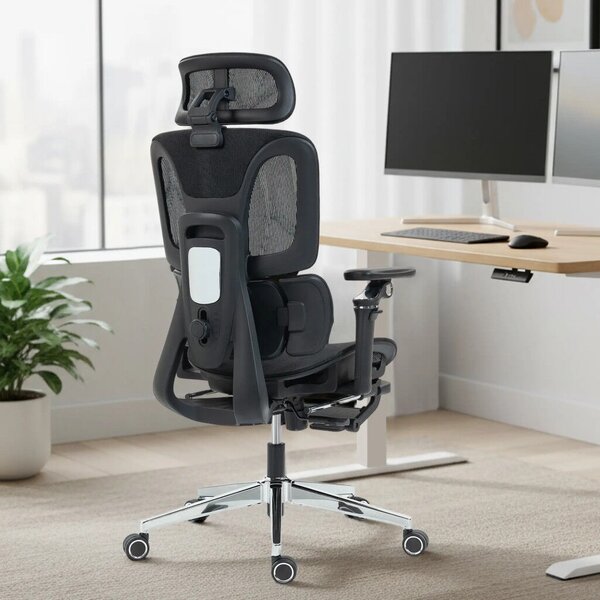 HOMCOM Prémium ergonomikus irodai szék, állítható derék- és fejtámlával, 6D karfákkal, lábtartóval, hálós, fekete