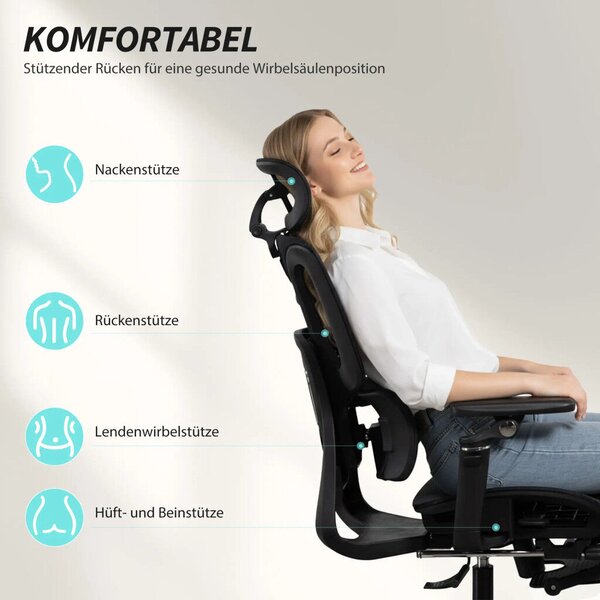 HOMCOM Prémium ergonomikus irodai szék, állítható derék- és fejtámlával, 6D karfákkal, lábtartóval, hálós, fekete