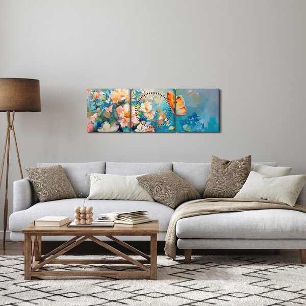 Kép - Pillangó és virágok, olajfestmény II. (órával) (90x30 cm)