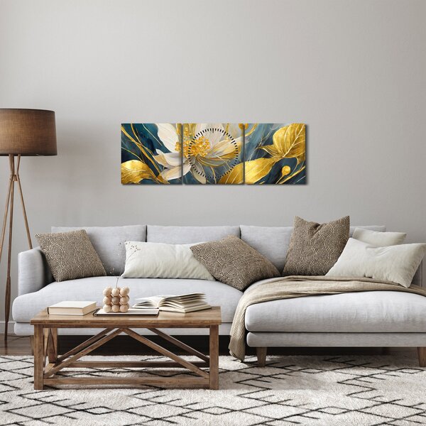 Kép - Festmény arany virágok (órával) (90x30 cm)