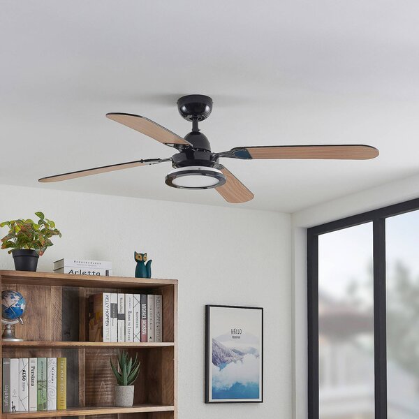 Lucande LED mennyezeti ventilátor Tedric, fekete, halk, 133 cm, Fekete, Nappali / Étkező, fém, Vintage