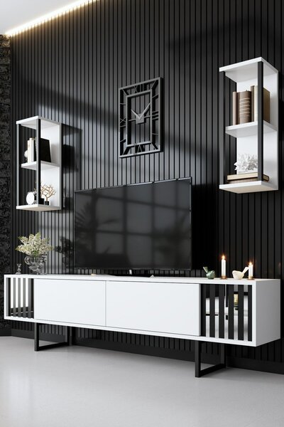 Hanah Home TV bútor, fehér, fekete króm vonallal - fehér, fekete
