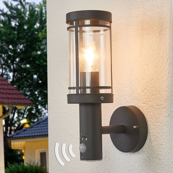 Lindby Djori kültéri fali lámpa, érzékelő, antracit, rozsdamentes acél, dimmelhető, Alu / szürke / cink, Rozsdamentes acél, Modern