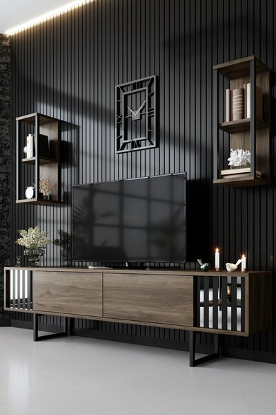 Hanah Home TV Unit Walnut Black Chrome Line - Walnut, Black