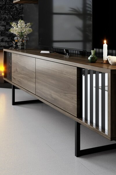 Hanah Home TV Unit Walnut Black Chrome Line - Walnut, Black
