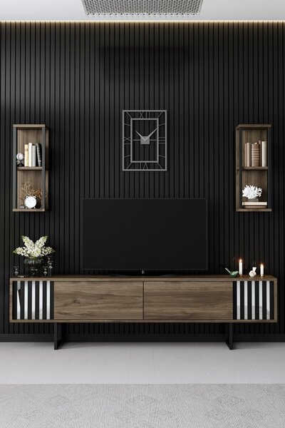 Hanah Home TV Unit Walnut Black Chrome Line - Walnut, Black
