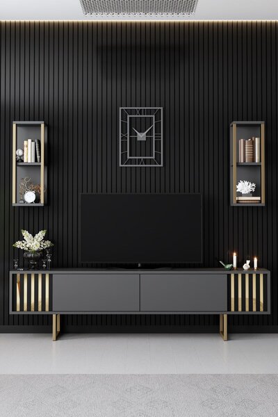 Hanah Home TV Unit Anthracite Black Gold Line - Anthracite, Black