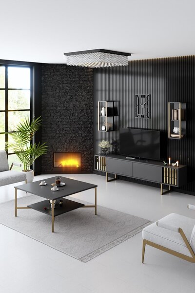 Hanah Home TV Unit Anthracite Black Gold Line - Anthracite, Black