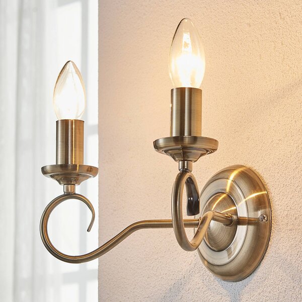 Lindby fali lámpa Marnia, antik sárgaréz, 2-lámpás, 27 cm, E14, dimmelhető, Bronz / antik sárgaréz, Nappali / Étkező, fém, Antik