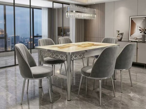 Luna Cristal Silver étkező szett edzett üveglapos nyitható asztallal és 6 szürke székkel 80x130–170 cm