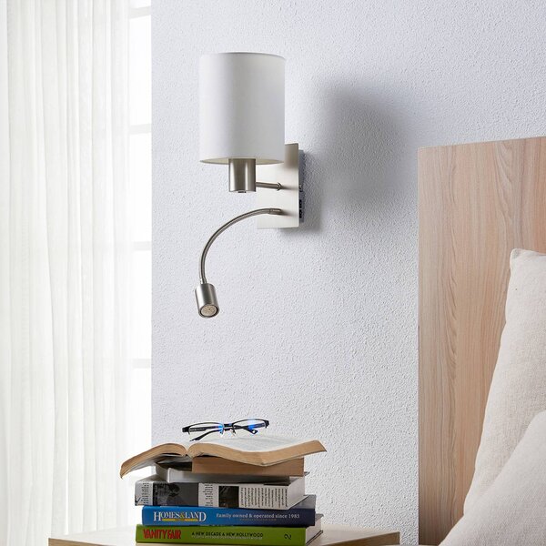 Lindby fali lámpa Shajan, 2 db, 29cm, E27, LED-es olvasólámpa, Fehér / opál, Nappali / Étkező, Textil / szövet / selyem, Modern