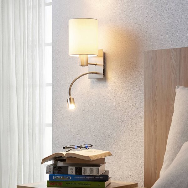 Lindby fali lámpa Shajan, 2 db, 29cm, E27, LED-es olvasólámpa, Fehér / opál, Nappali / Étkező, Textil / szövet / selyem, Modern