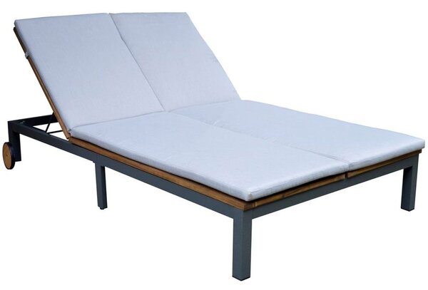Kétüléses kerti napozóágy kerekekkel, akácfából, 202x120x31 cm, barna