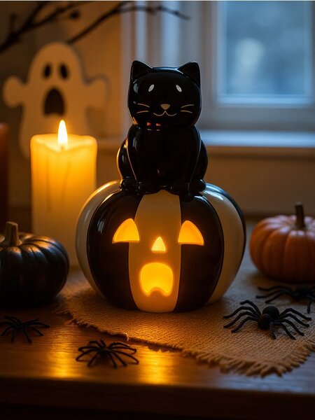Sinsay - LED kerámia asztali lámpa Halloween mintával - fekete