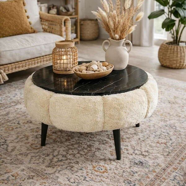 Atelier Del Sofa Coffee Table Cream Black Marble Papatya 60 - Cream, Black Marble