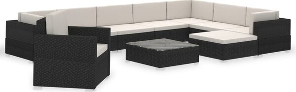 12-részes fekete polyrattan kerti bútorszett párnákkal