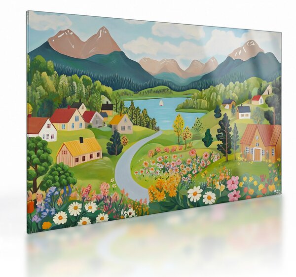 Üveg Üveg kép - Falu a hegyekben (70x50 cm)