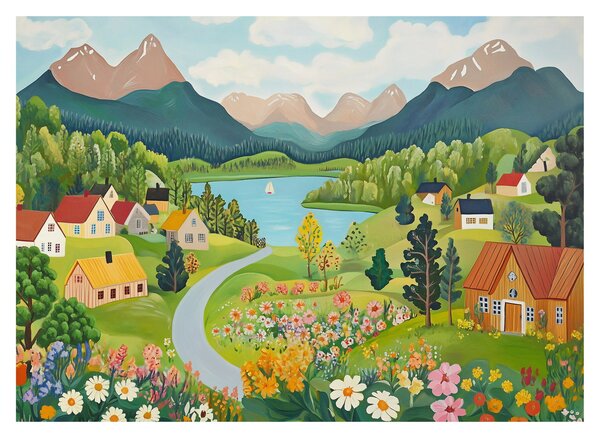 Üveg Üveg kép - Falu a hegyekben (70x50 cm)