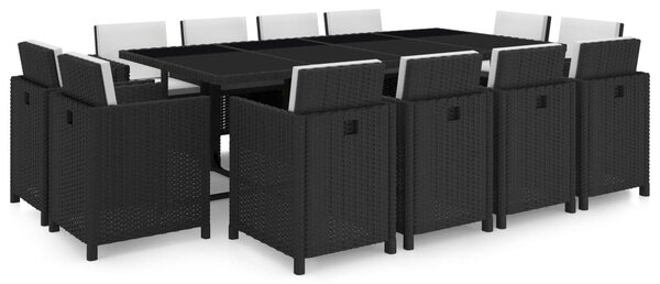 13-részes fekete polyrattan kültéri étkezőszett párnákkal