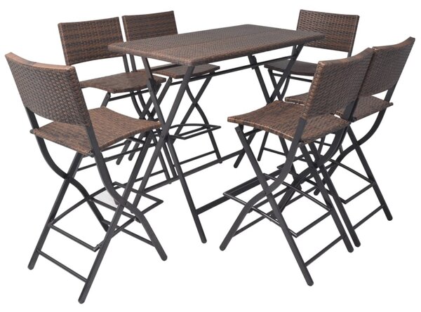 7-részes barna kerti polyrattan/acél összecsukható étkezőszett