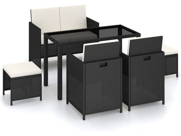 6-részes fekete polyrattan kültéri étkezőszett párnákkal