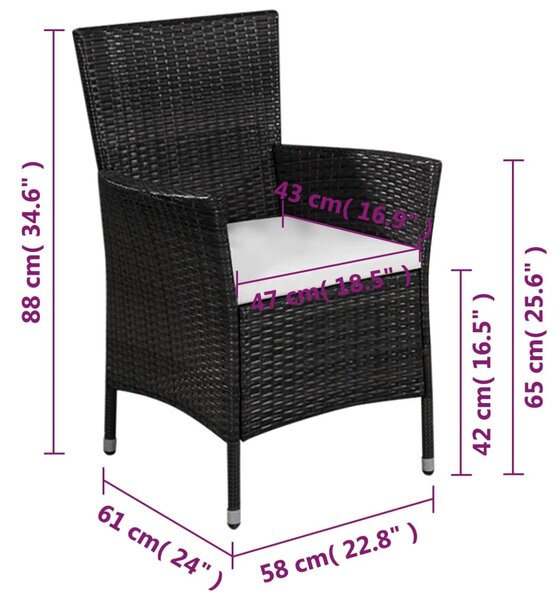 VidaXL 3 darabos fekete polyrattan bisztrószett
