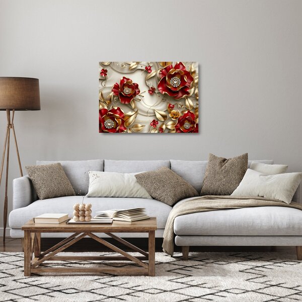Üveg kép - 3D piros-arany virágok (70x50 cm)
