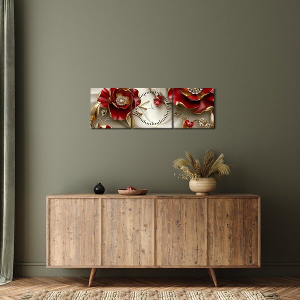 Kép - 3D piros-arany virágok (órával) (90x30 cm)