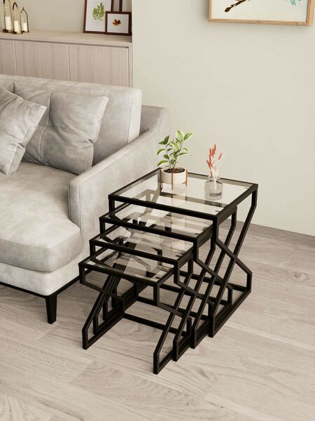 Hanah Home Egymásba tolható asztal szett (4 darabos) Black Ela - Fekete, Átlátszó