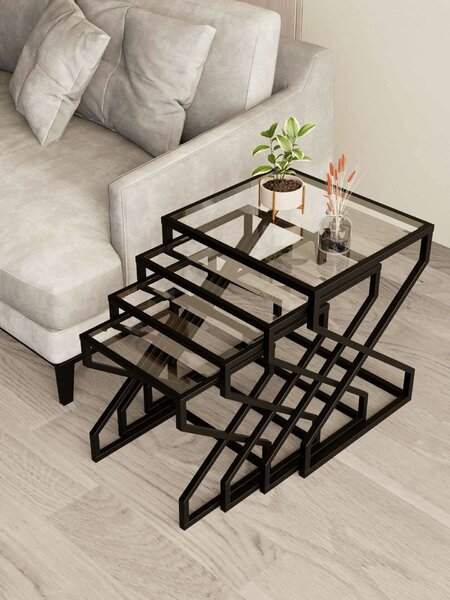 Hanah Home Egymásba tolható asztal szett (4 darabos) Black Ela - Fekete, Átlátszó