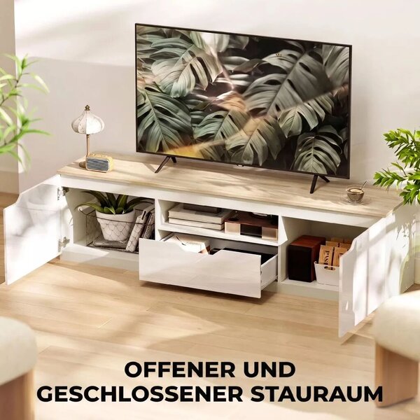 TV-szekrény, 160 x 38 x 43 cm akár 65"-os tévékhez, 3 rekesszel, fiókkal, natúr fa