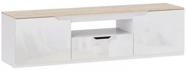 TV-szekrény, 160 x 38 x 43 cm akár 65"-os tévékhez, 3 rekesszel, fiókkal, natúr fa