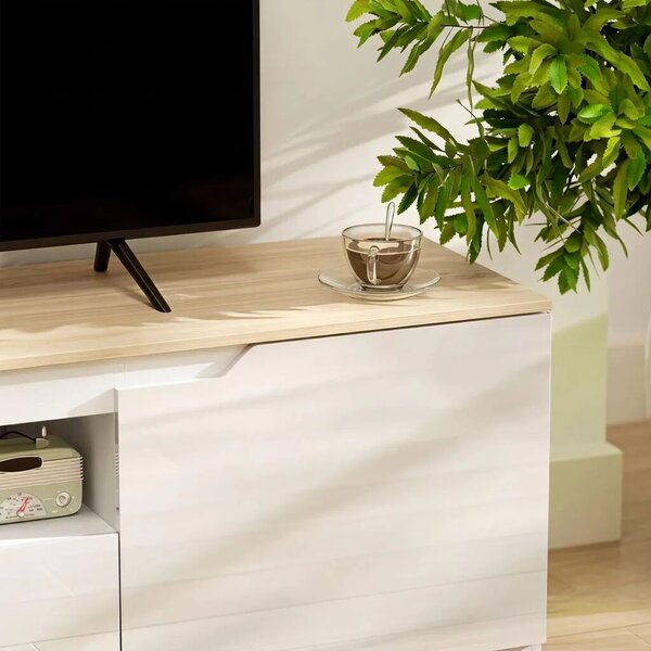 TV-szekrény, 160 x 38 x 43 cm akár 65"-os tévékhez, 3 rekesszel, fiókkal, natúr fa