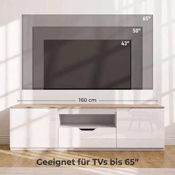 TV-szekrény, 160 x 38 x 43 cm akár 65"-os tévékhez, 3 rekesszel, fiókkal, natúr fa